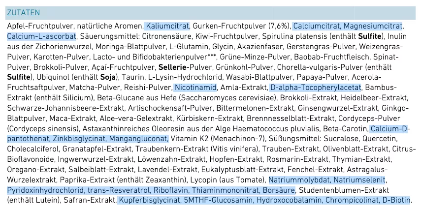Biogena-Zutatenliste